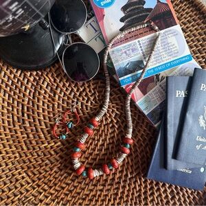 Genuine Stone Turquoise and Coral Necklace and Earring Set